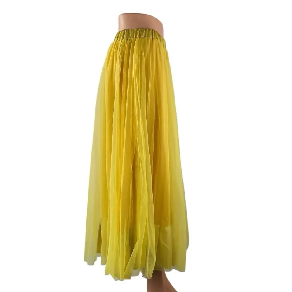 NEW Stylewe Women's Yellow Mesh Tulle High Waisted Midi A-Line Flared Skirt S